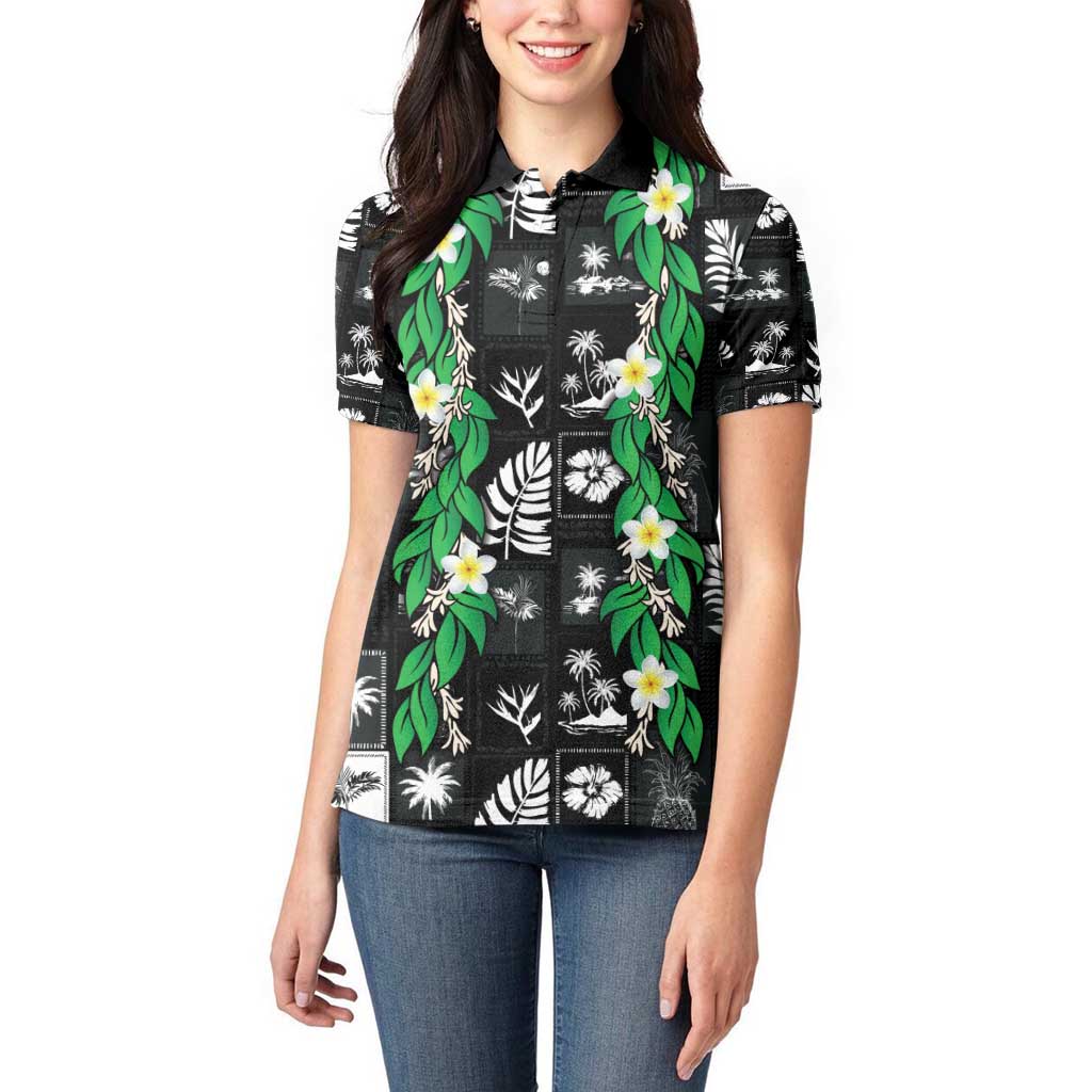 Aloha Hawaii Tuberose Lei Women Polo Shirt Tropical Vibes Black Color - Polynesian Pride