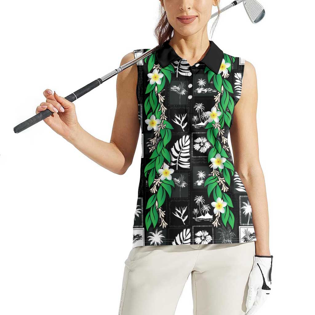 Aloha Hawaii Tuberose Lei Women Sleeveless Polo Shirt Tropical Vibes Black Color - Polynesian Pride