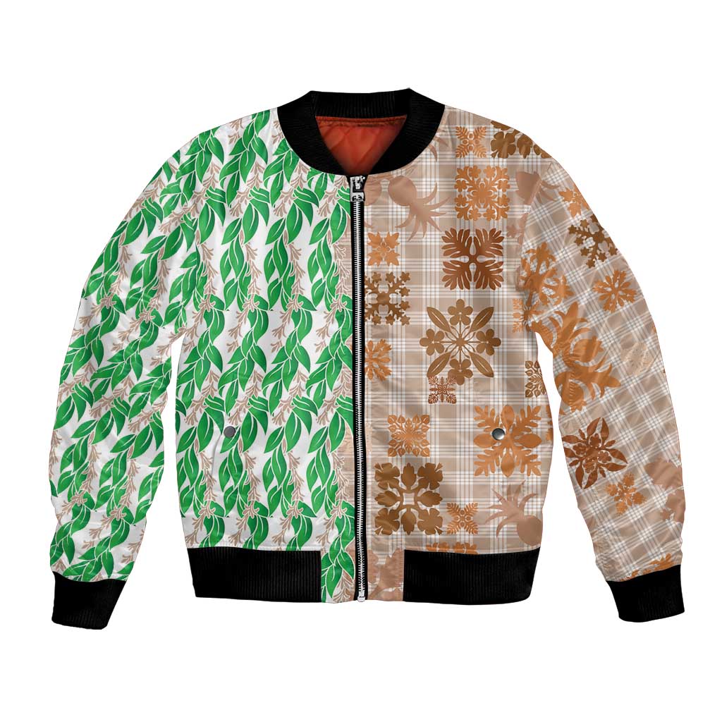 Aloha Hawaii Palaka Tuberose Lei Bomber Jacket Hawaiian Quilt Seamless Style - Polynesian Pride