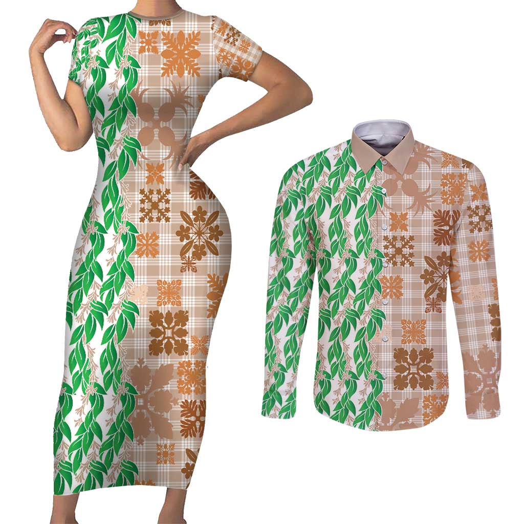 Aloha Hawaii Palaka Tuberose Lei Couples Matching Short Sleeve Bodycon Dress and Long Sleeve Button Shirt Hawaiian Quilt Seamless Style - Polynesian Pride