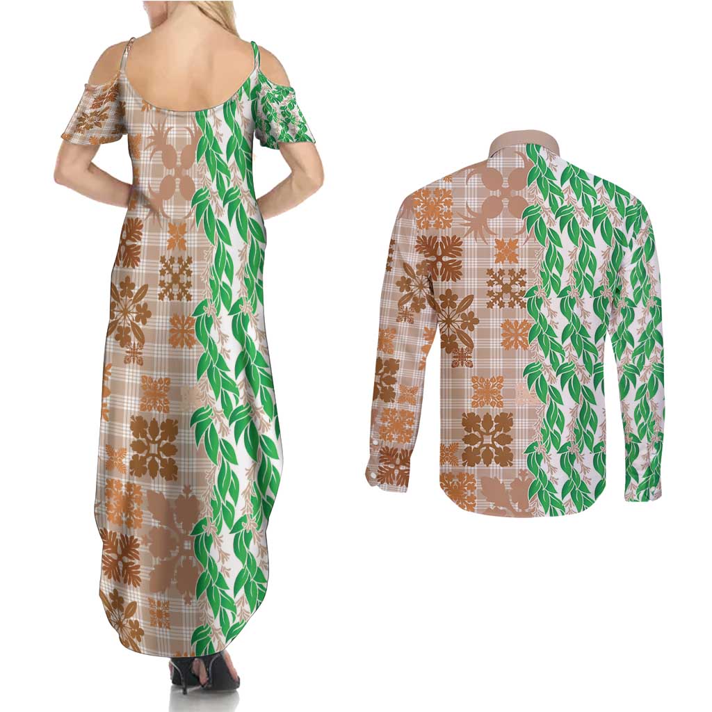 Aloha Hawaii Palaka Tuberose Lei Couples Matching Summer Maxi Dress and Long Sleeve Button Shirt Hawaiian Quilt Seamless Style - Polynesian Pride