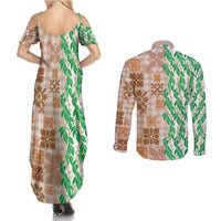 Aloha Hawaii Palaka Tuberose Lei Couples Matching Summer Maxi Dress and Long Sleeve Button Shirt Hawaiian Quilt Seamless Style - Polynesian Pride