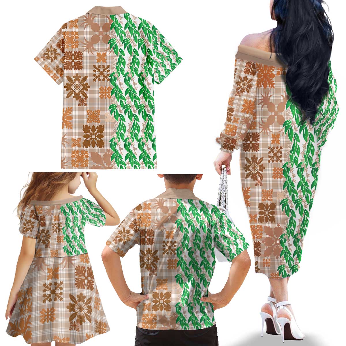 Aloha Hawaii Palaka Tuberose Lei Family Matching Off The Shoulder Long Sleeve Dress and Hawaiian Shirt Hawaiian Quilt Seamless Style - Polynesian Pride
