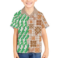 Aloha Hawaii Palaka Tuberose Lei Family Matching Off The Shoulder Long Sleeve Dress and Hawaiian Shirt Hawaiian Quilt Seamless Style - Polynesian Pride