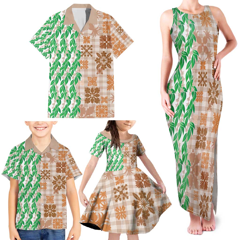 Aloha Hawaii Palaka Tuberose Lei Family Matching Tank Maxi Dress and Hawaiian Shirt Hawaiian Quilt Seamless Style - Polynesian Pride