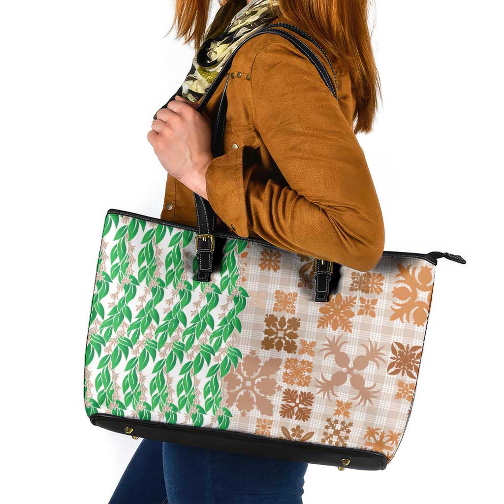 Aloha Hawaii Palaka Tuberose Lei Leather Tote Bag Hawaiian Quilt Seamless Style - Polynesian Pride