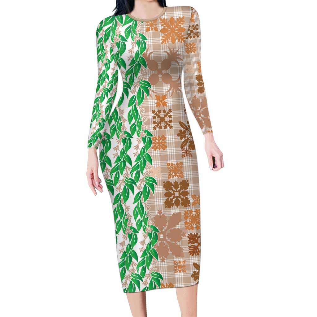 Aloha Hawaii Palaka Tuberose Lei Long Sleeve Bodycon Dress Hawaiian Quilt Seamless Style - Polynesian Pride