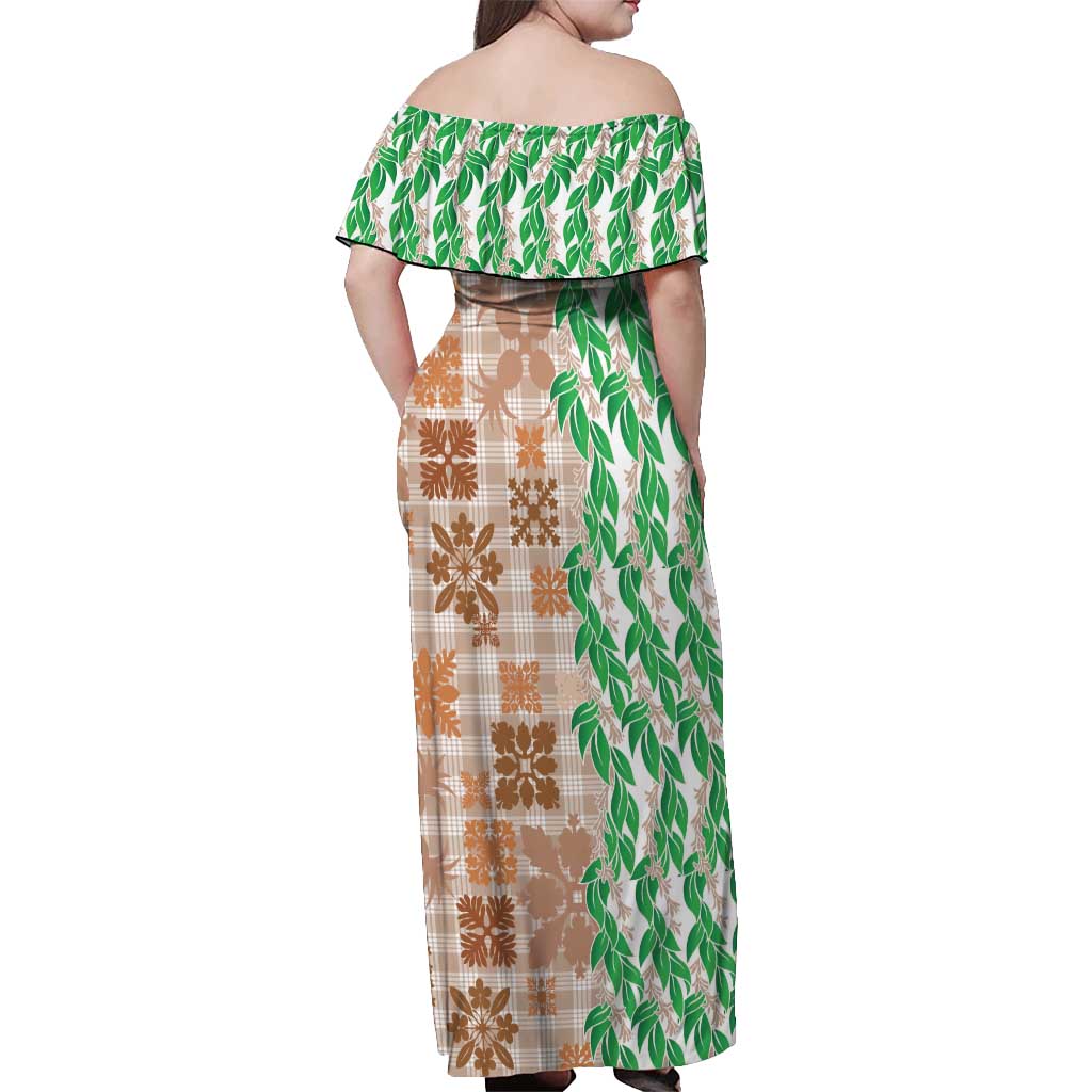 Aloha Hawaii Palaka Tuberose Lei Off Shoulder Maxi Dress Hawaiian Quilt Seamless Style - Polynesian Pride