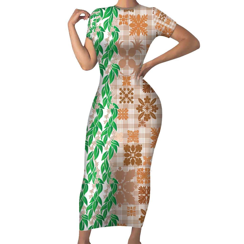 Aloha Hawaii Palaka Tuberose Lei Short Sleeve Bodycon Dress Hawaiian Quilt Seamless Style - Polynesian Pride