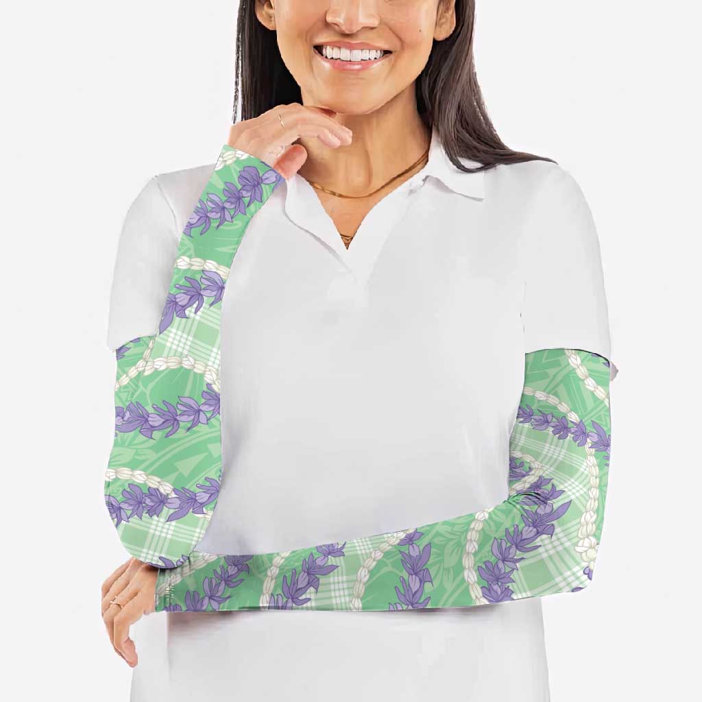 Pastel Green Hawaii Palaka Honohono Pikake Arm Sleeves Hawaiian Orchid Lei Polynesian Pattern - Polynesian Pride