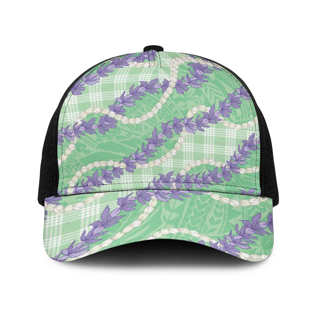 Pastel Green Hawaii Palaka Honohono Pikake Baseball Net Cap Hawaiian Orchid Lei Polynesian Pattern - Polynesian Pride