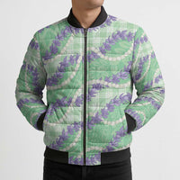 Pastel Green Hawaii Palaka Honohono Pikake Bomber Puffer Jacket Hawaiian Orchid Lei Polynesian Pattern - Polynesian Pride