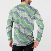 Pastel Green Hawaii Palaka Honohono Pikake Button Sweatshirt Hawaiian Orchid Lei Polynesian Pattern - Polynesian Pride