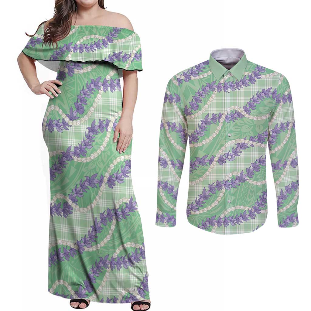Pastel Green Hawaii Palaka Honohono Pikake Couples Matching Off Shoulder Maxi Dress and Long Sleeve Button Shirt Hawaiian Orchid Lei Polynesian Pattern - Polynesian Pride