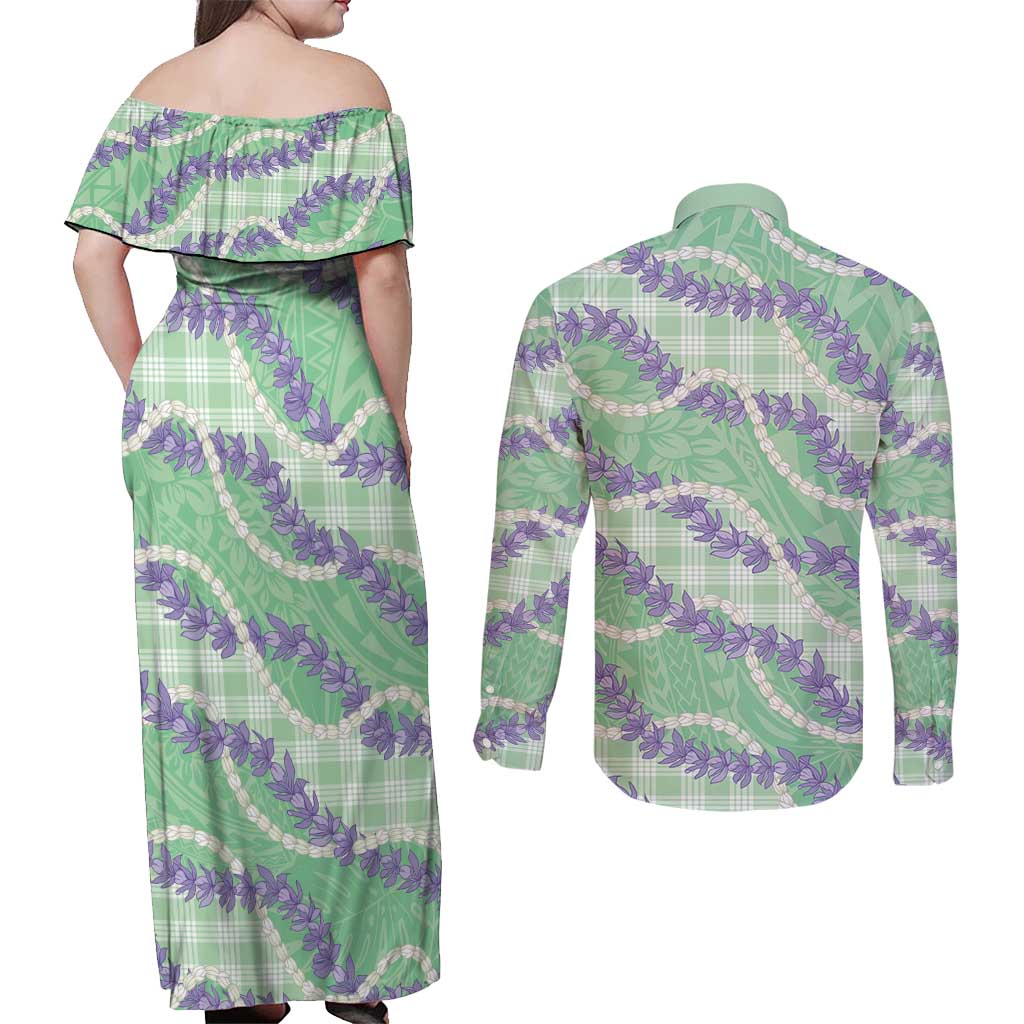 Pastel Green Hawaii Palaka Honohono Pikake Couples Matching Off Shoulder Maxi Dress and Long Sleeve Button Shirt Hawaiian Orchid Lei Polynesian Pattern - Polynesian Pride