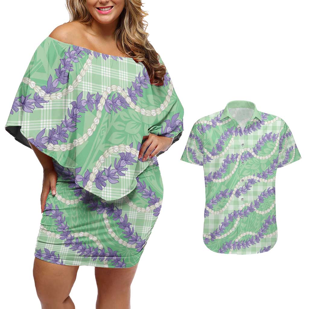 Pastel Green Hawaii Palaka Honohono Pikake Couples Matching Off Shoulder Short Dress and Hawaiian Shirt Hawaiian Orchid Lei Polynesian Pattern - Polynesian Pride