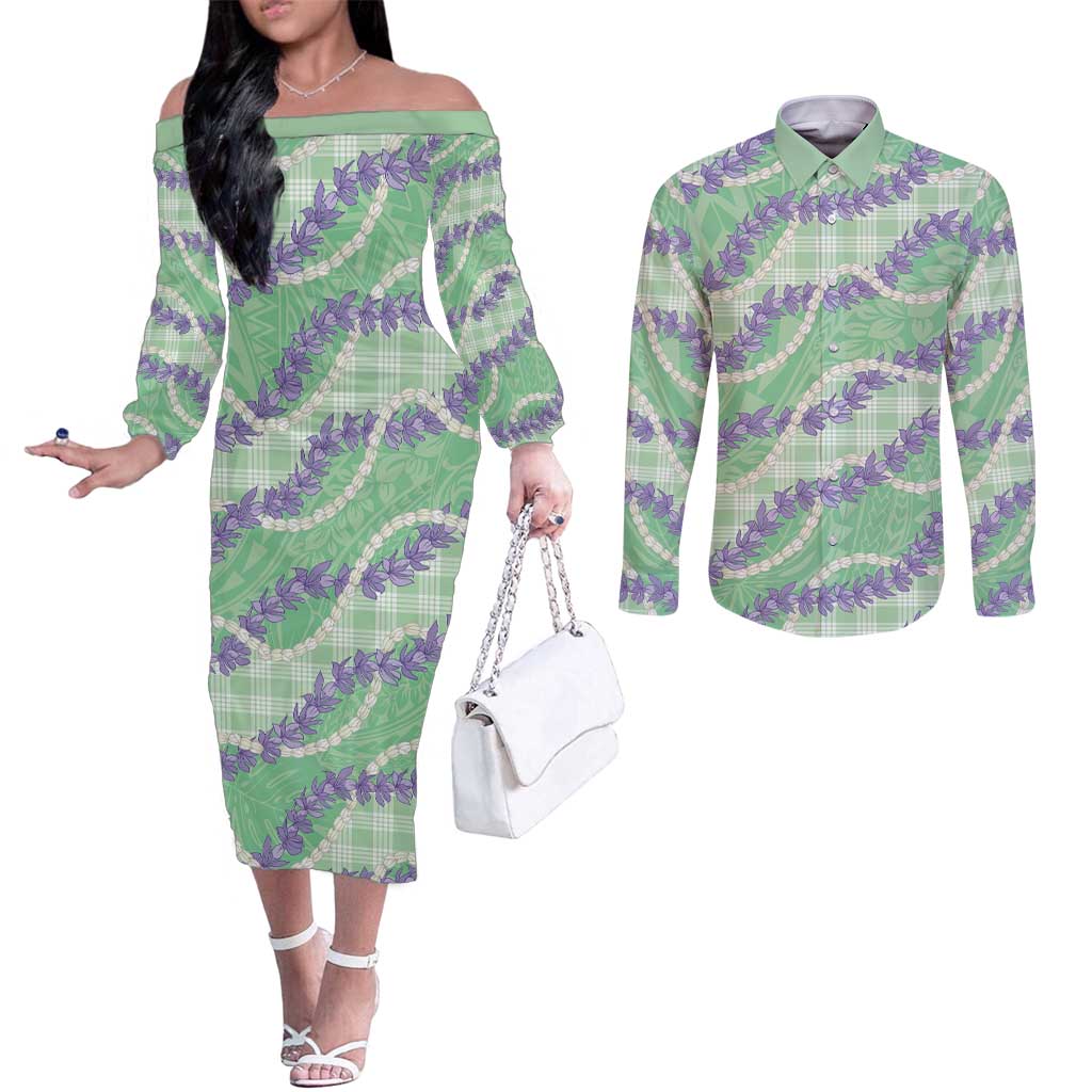 Pastel Green Hawaii Palaka Honohono Pikake Couples Matching Off The Shoulder Long Sleeve Dress and Long Sleeve Button Shirt Hawaiian Orchid Lei Polynesian Pattern - Polynesian Pride