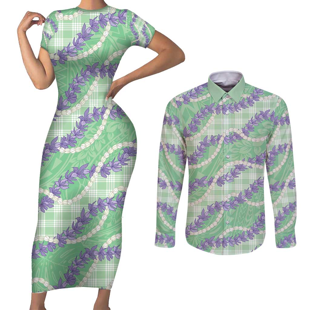 Pastel Green Hawaii Palaka Honohono Pikake Couples Matching Short Sleeve Bodycon Dress and Long Sleeve Button Shirt Hawaiian Orchid Lei Polynesian Pattern - Polynesian Pride