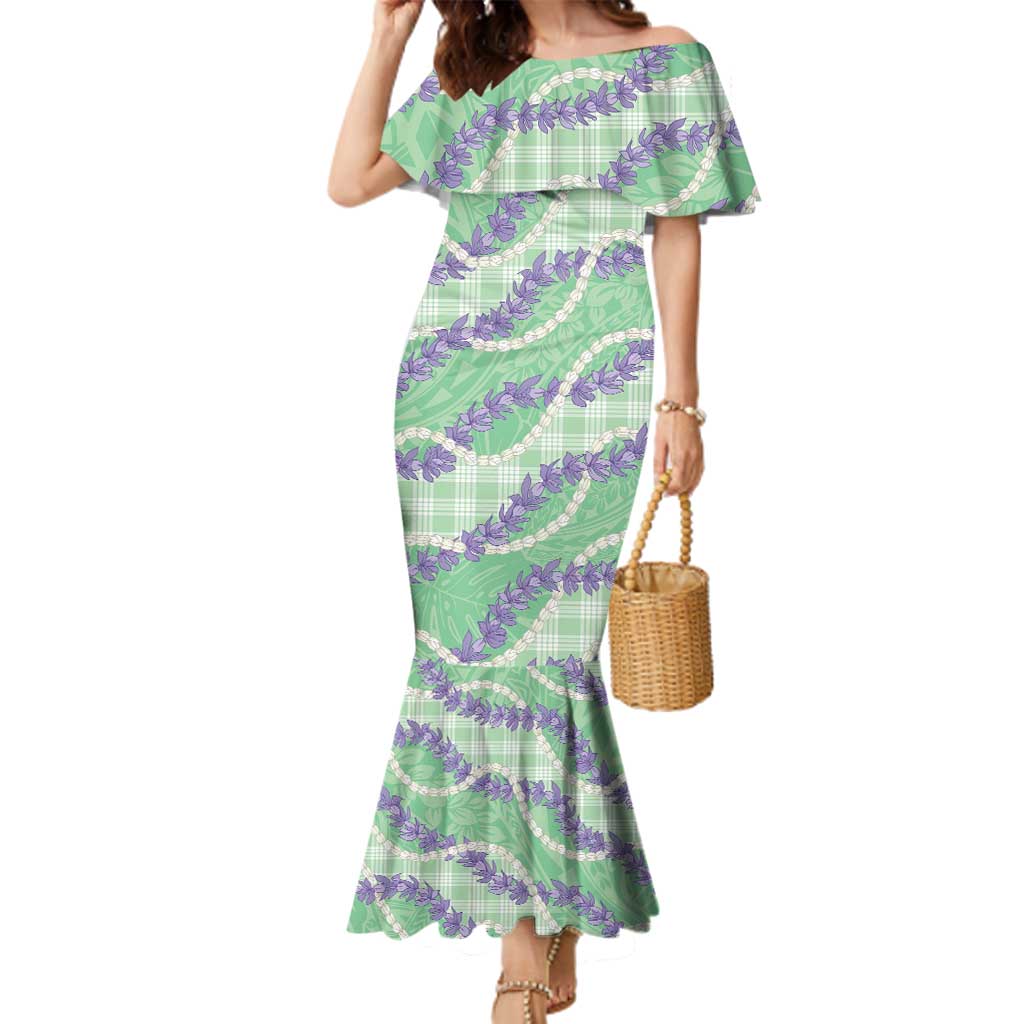 Pastel Green Hawaii Palaka Honohono Pikake Family Matching Mermaid Dress and Hawaiian Shirt Hawaiian Orchid Lei Polynesian Pattern - Polynesian Pride