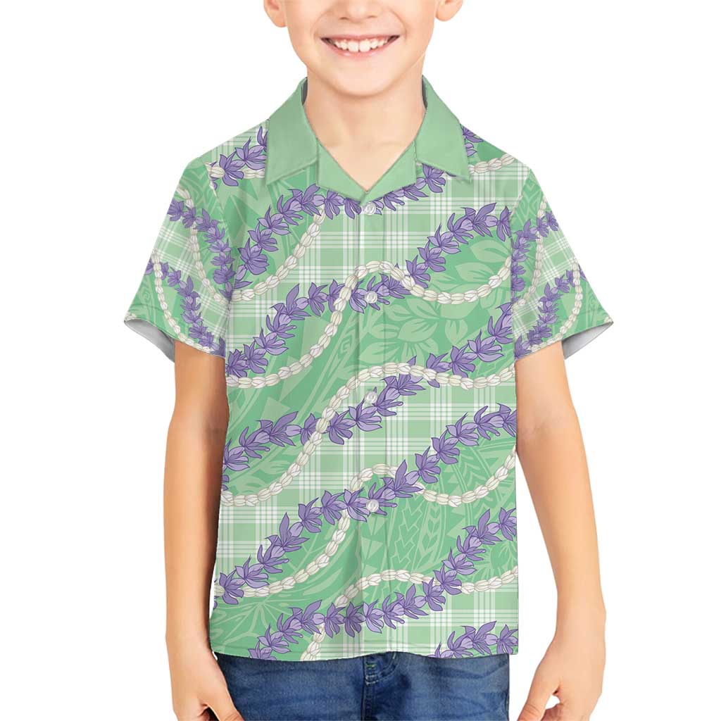 Pastel Green Hawaii Palaka Honohono Pikake Family Matching Off Shoulder Short Dress and Hawaiian Shirt Hawaiian Orchid Lei Polynesian Pattern - Polynesian Pride