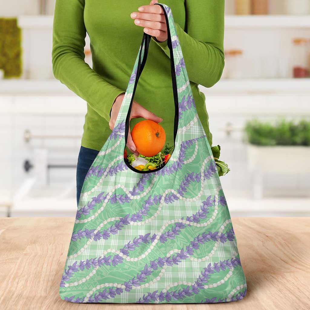 Pastel Green Hawaii Palaka Honohono Pikake Grocery Bag Hawaiian Orchid Lei Polynesian Pattern - Polynesian Pride