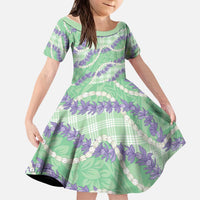 Pastel Green Hawaii Palaka Honohono Pikake Kid Short Sleeve Dress Hawaiian Orchid Lei Polynesian Pattern - Polynesian Pride