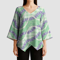 Pastel Green Hawaii Palaka Honohono Pikake Kimono Sleeve Blouse Hawaiian Orchid Lei Polynesian Pattern - Polynesian Pride