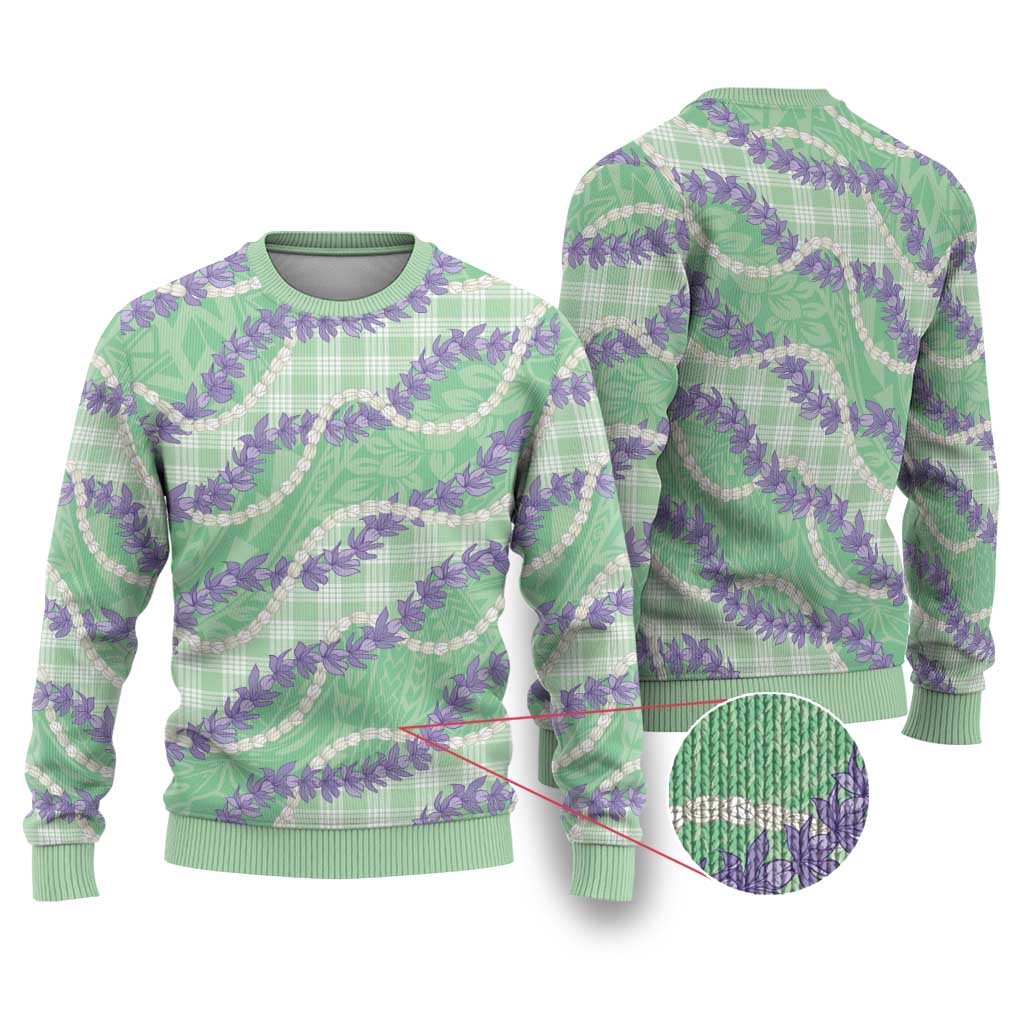 Pastel Green Hawaii Palaka Honohono Pikake Ugly Christmas Sweater Hawaiian Orchid Lei Polynesian Pattern - Polynesian Pride