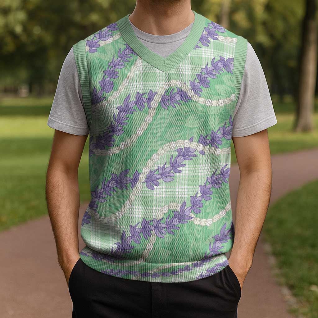 Pastel Green Hawaii Palaka Honohono Pikake Christmas Knitted V-Neck Vest Hawaiian Orchid Lei Polynesian Pattern - Polynesian Pride