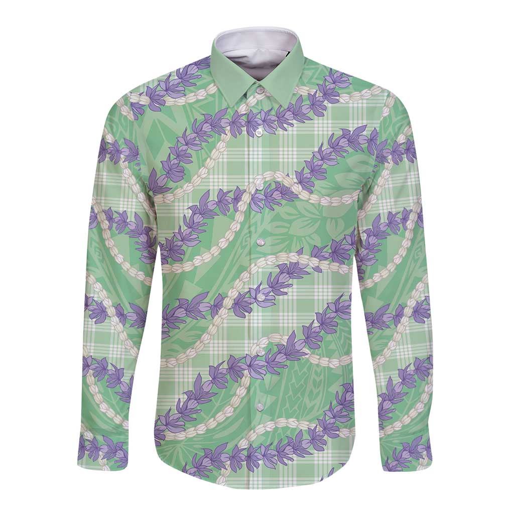 Pastel Green Hawaii Palaka Honohono Pikake Long Sleeve Button Shirt Hawaiian Orchid Lei Polynesian Pattern - Polynesian Pride