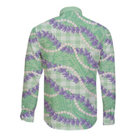 Pastel Green Hawaii Palaka Honohono Pikake Long Sleeve Button Shirt Hawaiian Orchid Lei Polynesian Pattern - Polynesian Pride
