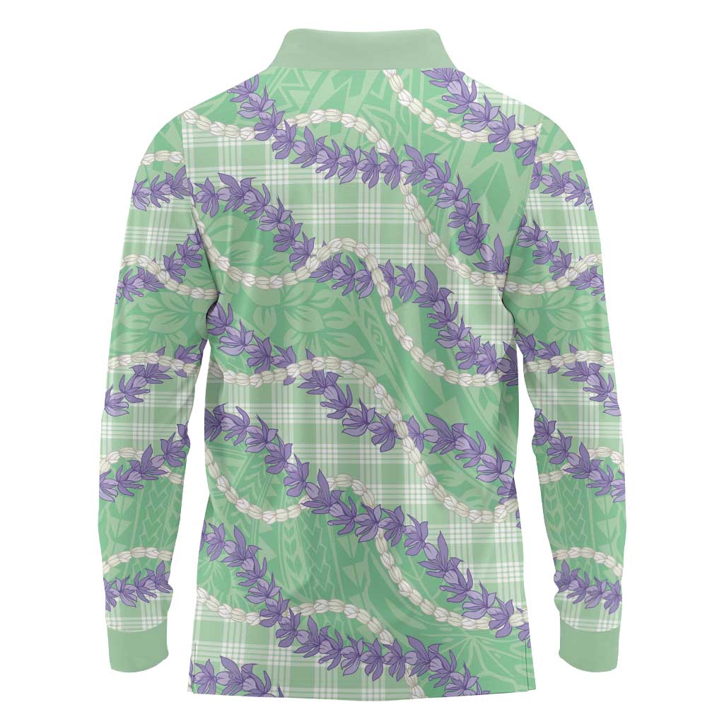 Pastel Green Hawaii Palaka Honohono Pikake Long Sleeve Polo Shirt Hawaiian Orchid Lei Polynesian Pattern - Polynesian Pride