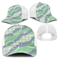 Pastel Green Hawaii Palaka Honohono Pikake Mesh Trucker Cap Hawaiian Orchid Lei Polynesian Pattern - Polynesian Pride