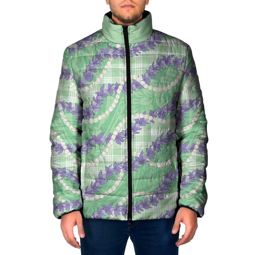 Pastel Green Hawaii Palaka Honohono Pikake Padded Jacket Hawaiian Orchid Lei Polynesian Pattern - Polynesian Pride