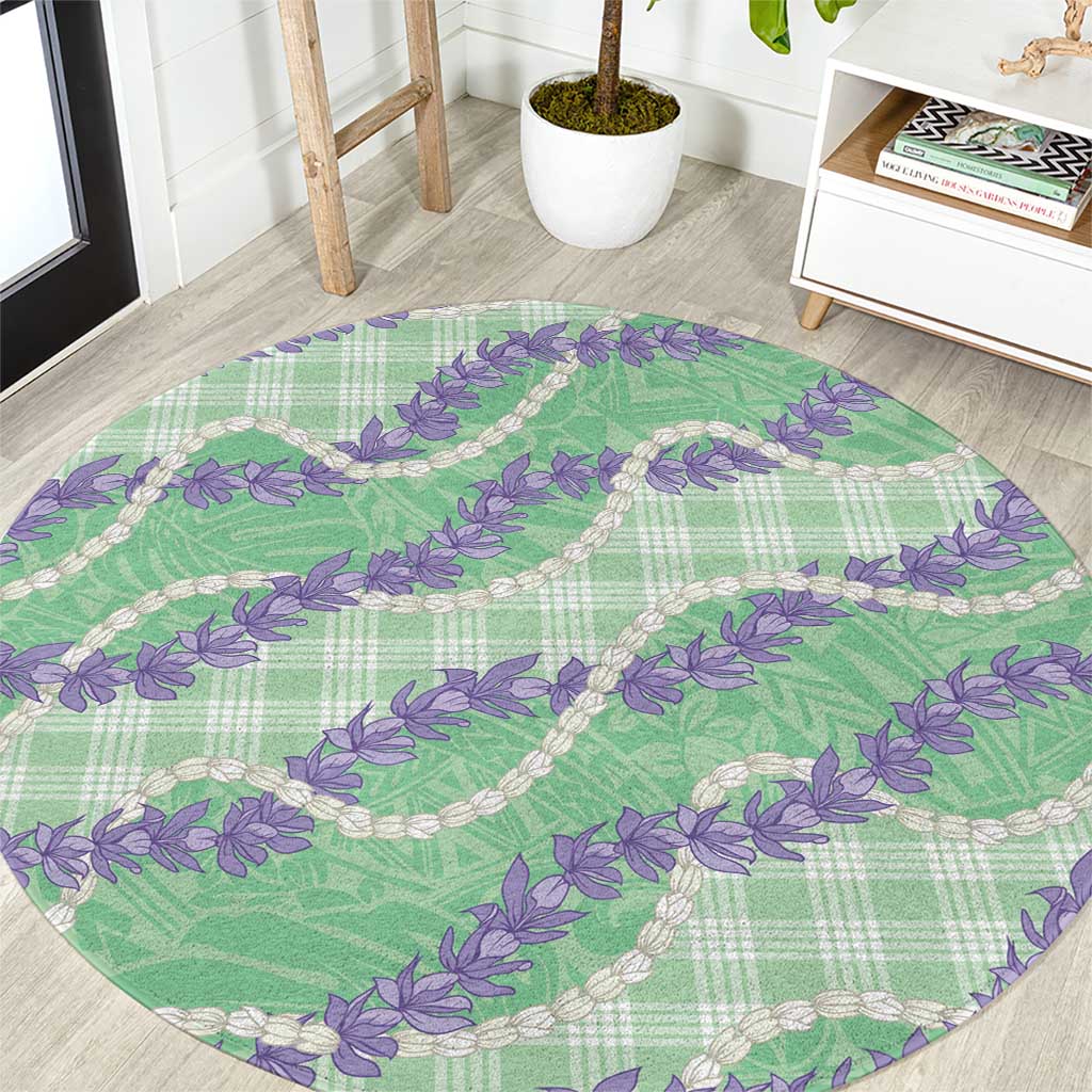 Pastel Green Hawaii Palaka Honohono Pikake Round Carpet Hawaiian Orchid Lei Polynesian Pattern - Polynesian Pride