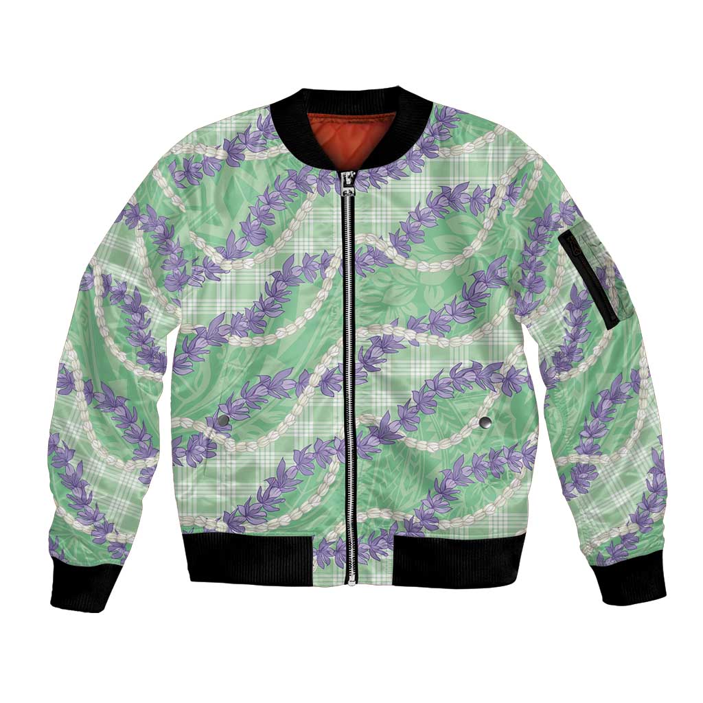 Pastel Green Hawaii Palaka Honohono Pikake Sleeve Zip Bomber Jacket Hawaiian Orchid Lei Polynesian Pattern - Polynesian Pride