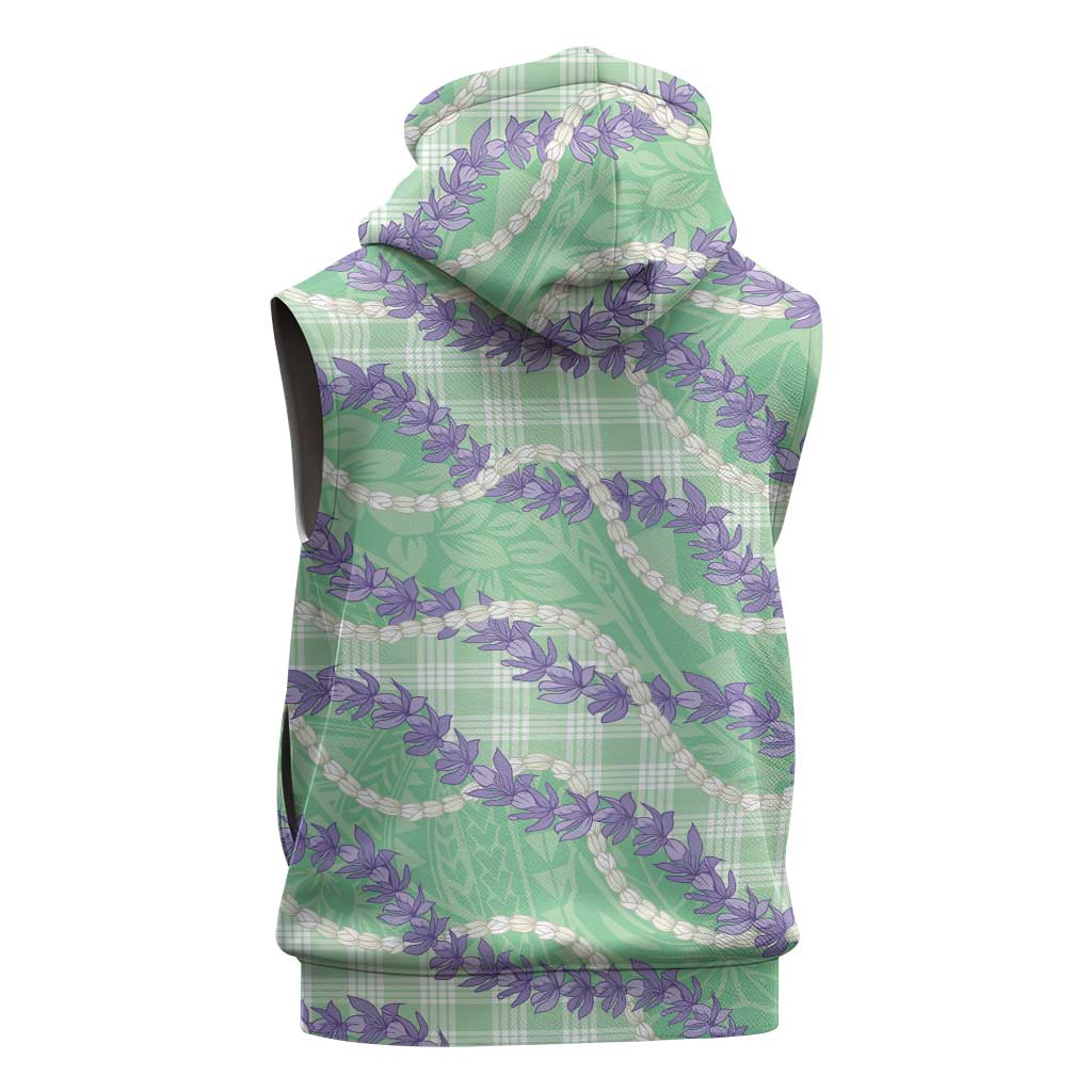 Pastel Green Hawaii Palaka Honohono Pikake Sleeveless Hoodie Hawaiian Orchid Lei Polynesian Pattern - Polynesian Pride
