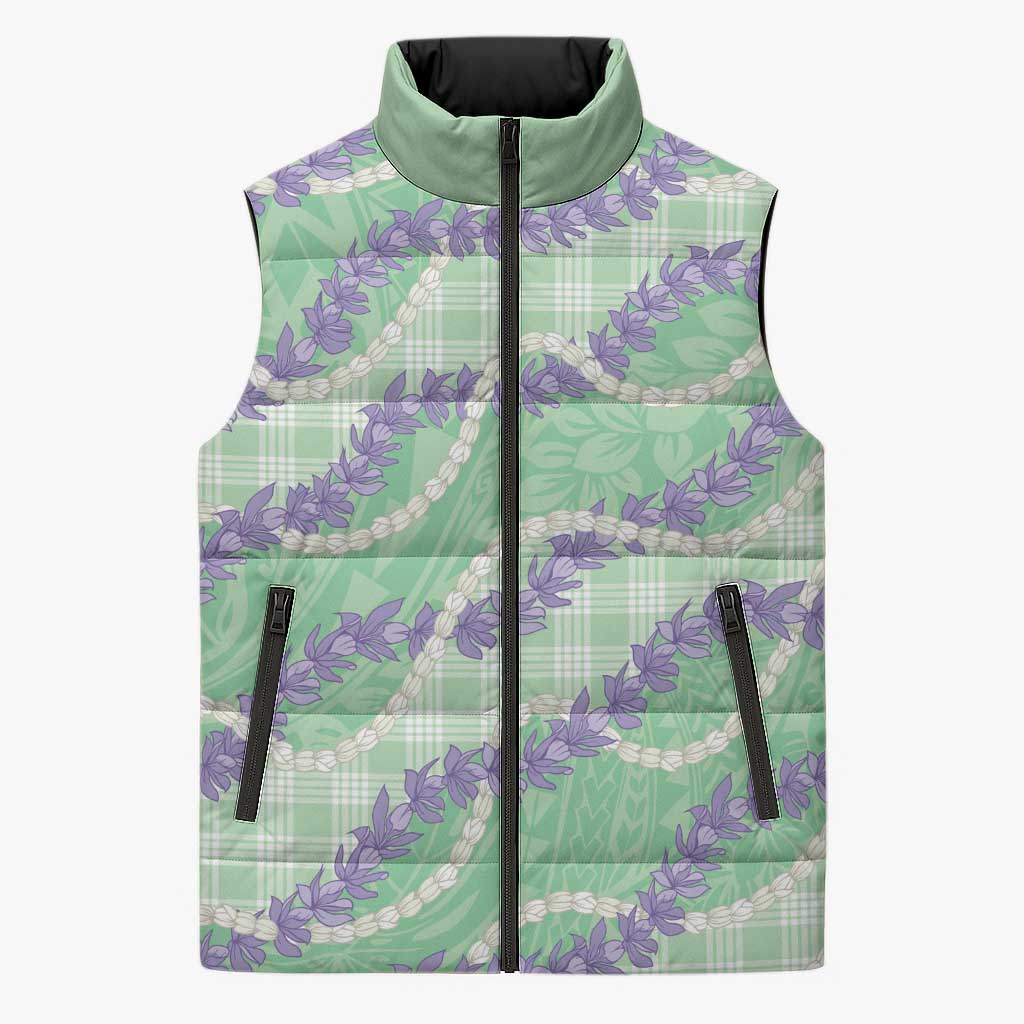 Pastel Green Hawaii Palaka Honohono Pikake Sleeveless Puffer Jacket Hawaiian Orchid Lei Polynesian Pattern - Polynesian Pride