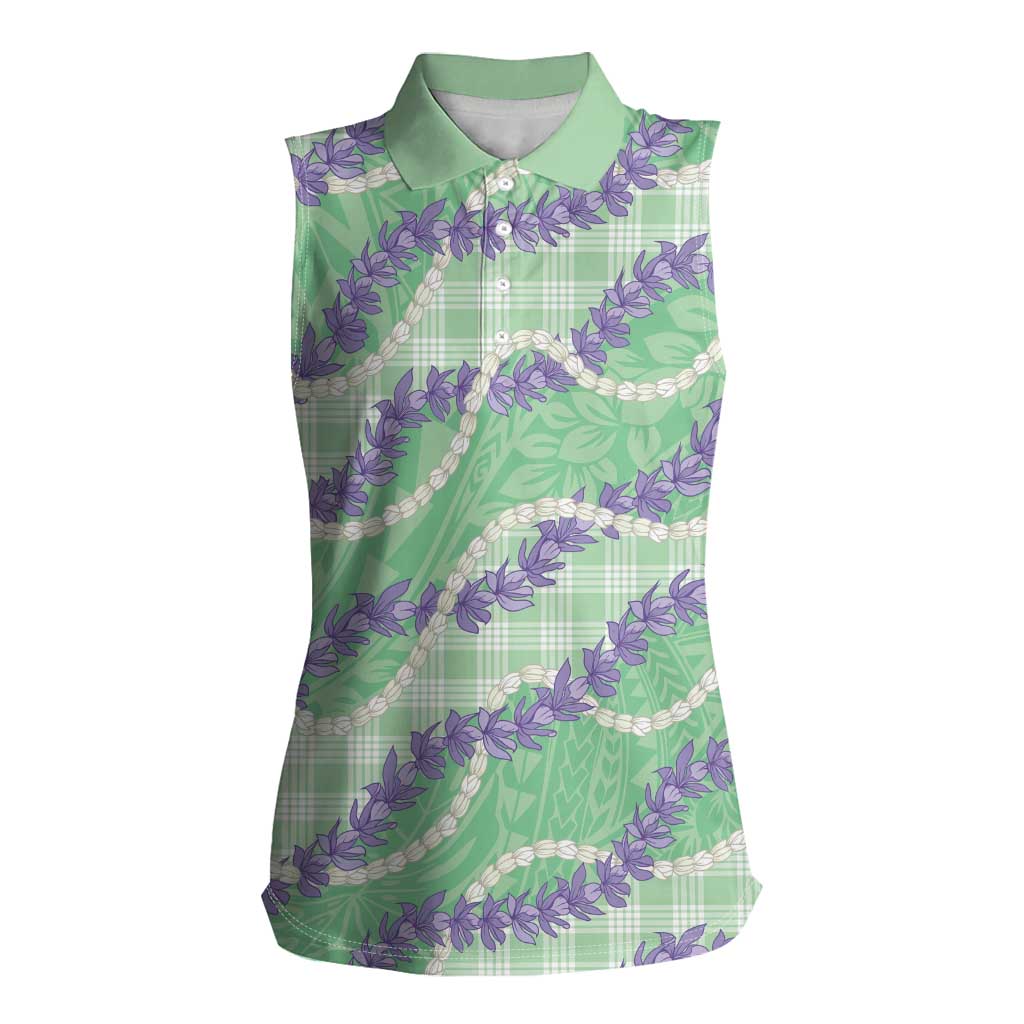 Pastel Green Hawaii Palaka Honohono Pikake Women Sleeveless Polo Shirt Hawaiian Orchid Lei Polynesian Pattern - Polynesian Pride
