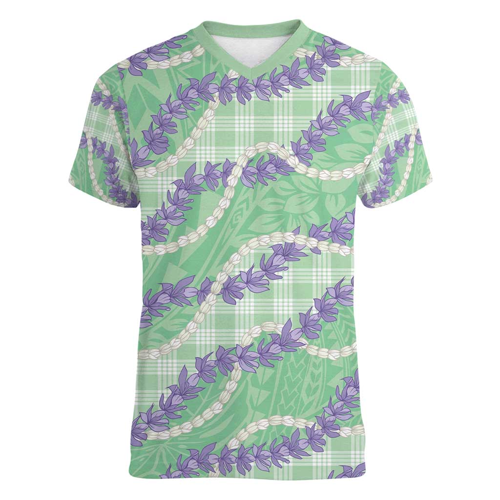 Pastel Green Hawaii Palaka Honohono Pikake Women V-Neck T-Shirt Hawaiian Orchid Lei Polynesian Pattern - Polynesian Pride