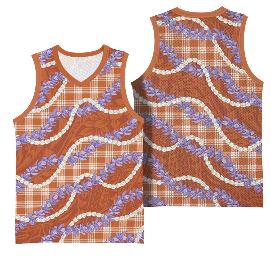 Orange Hawaii Palaka Honohono Pikake Basketball Jersey Hawaiian Orchid Lei Polynesian Pattern - Polynesian Pride
