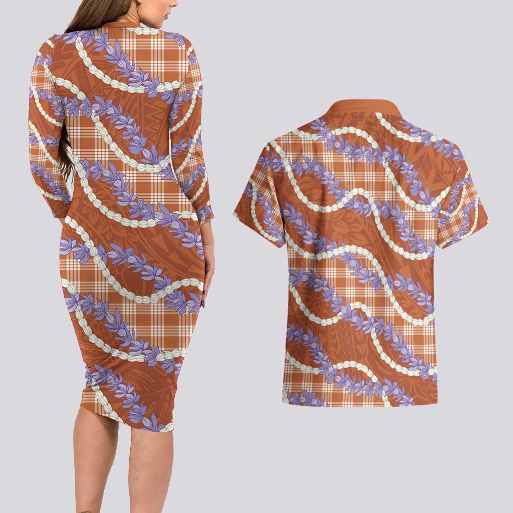 Orange Hawaii Palaka Honohono Pikake Couples Matching Long Sleeve Bodycon Dress and Hawaiian Shirt Hawaiian Orchid Lei Polynesian Pattern - Polynesian Pride