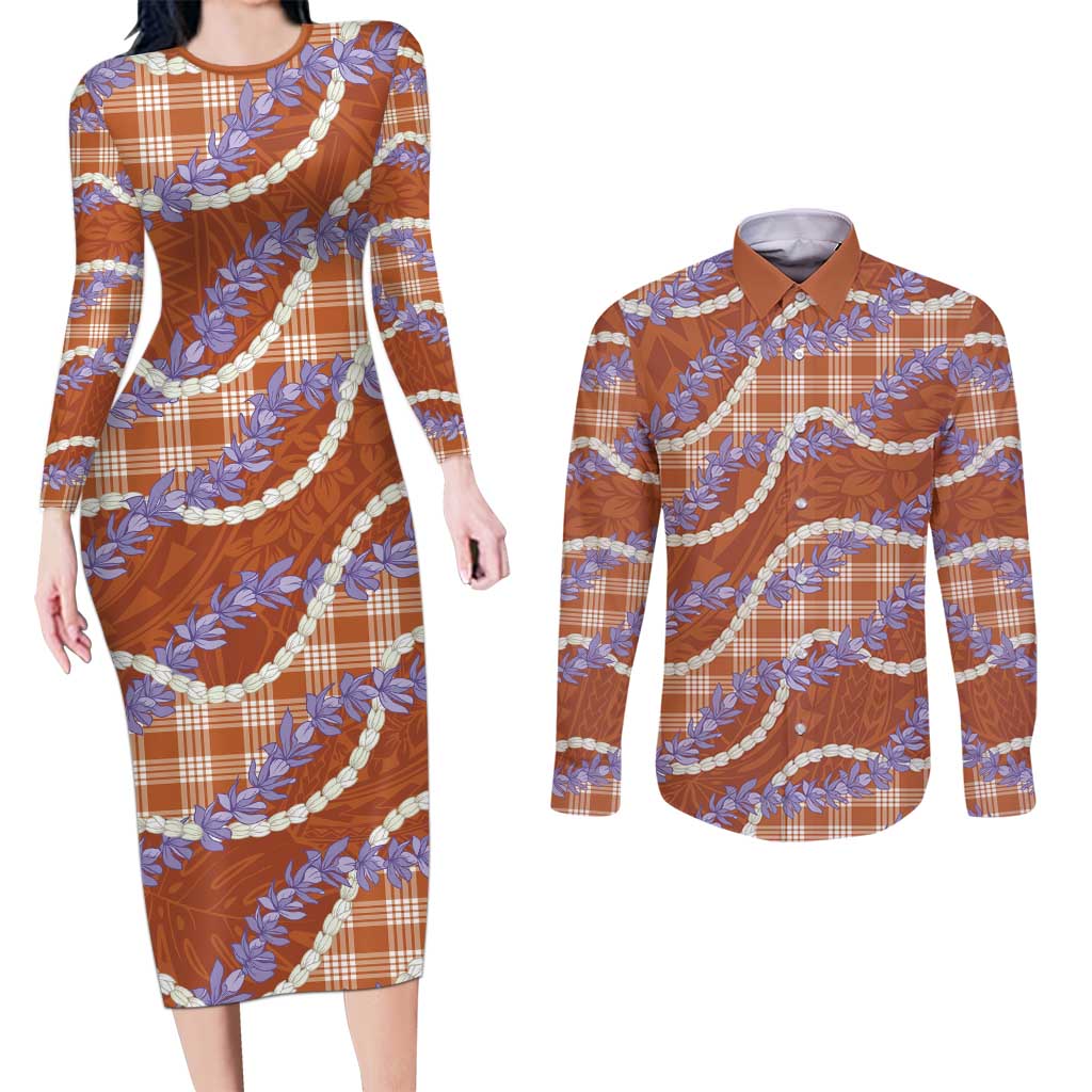 Orange Hawaii Palaka Honohono Pikake Couples Matching Long Sleeve Bodycon Dress and Long Sleeve Button Shirt Hawaiian Orchid Lei Polynesian Pattern - Polynesian Pride