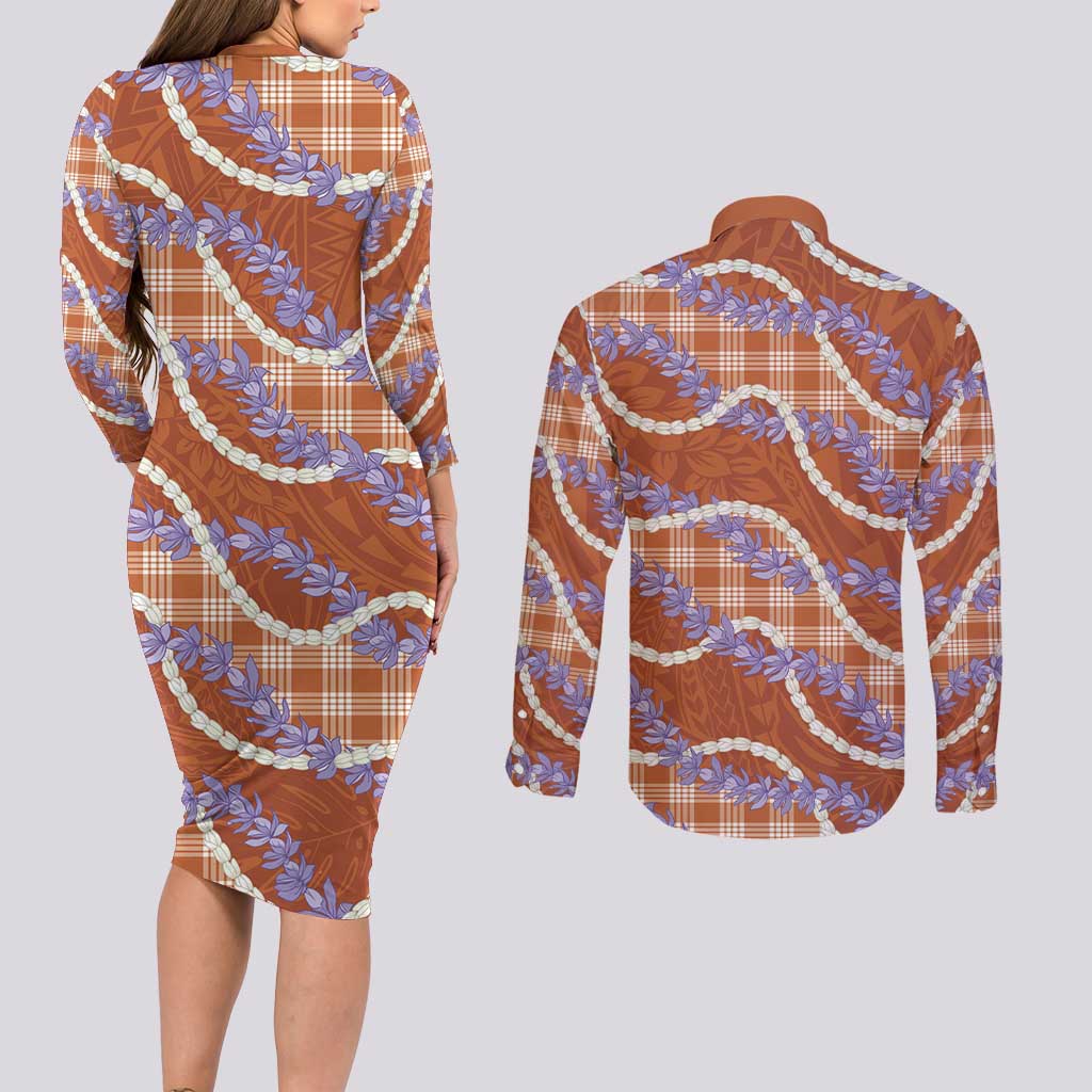 Orange Hawaii Palaka Honohono Pikake Couples Matching Long Sleeve Bodycon Dress and Long Sleeve Button Shirt Hawaiian Orchid Lei Polynesian Pattern - Polynesian Pride