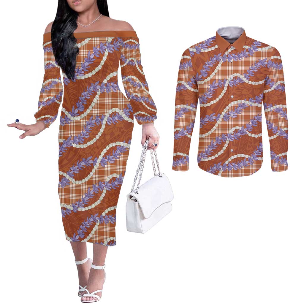 Orange Hawaii Palaka Honohono Pikake Couples Matching Off The Shoulder Long Sleeve Dress and Long Sleeve Button Shirt Hawaiian Orchid Lei Polynesian Pattern - Polynesian Pride