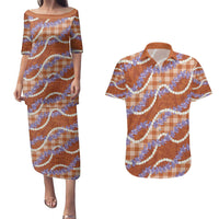 Orange Hawaii Palaka Honohono Pikake Couples Matching Puletasi and Hawaiian Shirt Hawaiian Orchid Lei Polynesian Pattern - Polynesian Pride