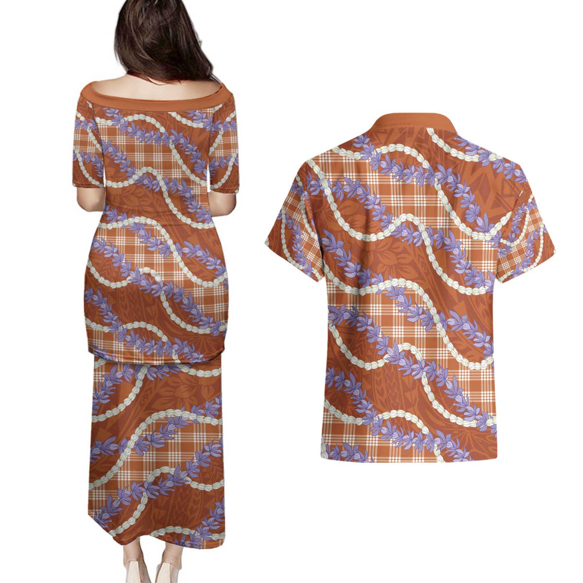 Orange Hawaii Palaka Honohono Pikake Couples Matching Puletasi and Hawaiian Shirt Hawaiian Orchid Lei Polynesian Pattern - Polynesian Pride