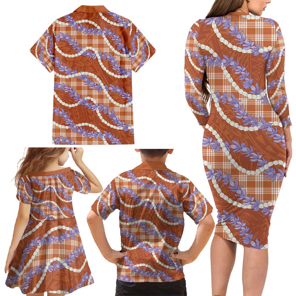 Orange Hawaii Palaka Honohono Pikake Family Matching Long Sleeve Bodycon Dress and Hawaiian Shirt Hawaiian Orchid Lei Polynesian Pattern - Polynesian Pride