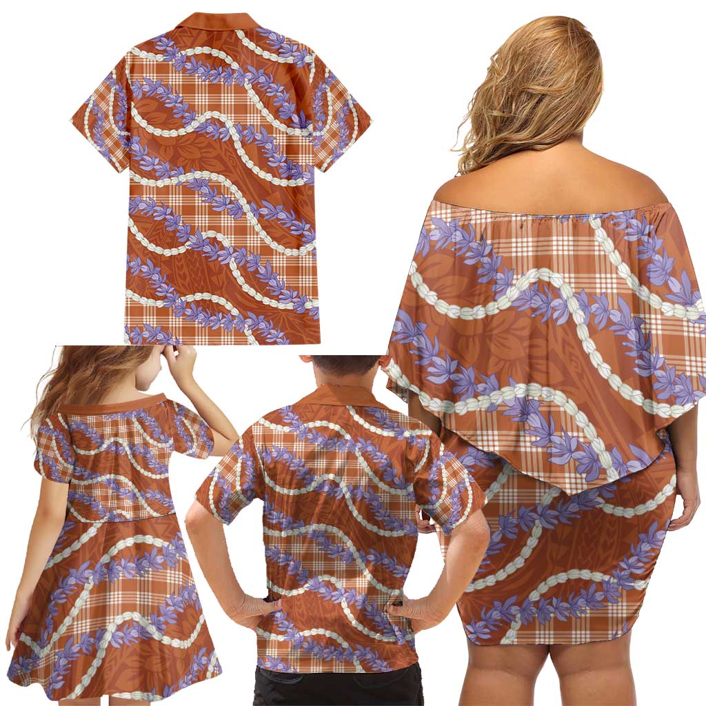 Orange Hawaii Palaka Honohono Pikake Family Matching Off Shoulder Short Dress and Hawaiian Shirt Hawaiian Orchid Lei Polynesian Pattern - Polynesian Pride