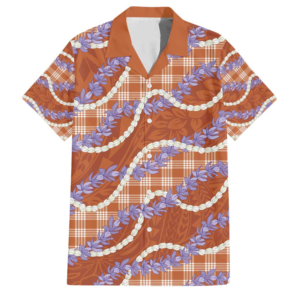 Orange Hawaii Palaka Honohono Pikake Family Matching Off Shoulder Short Dress and Hawaiian Shirt Hawaiian Orchid Lei Polynesian Pattern - Polynesian Pride